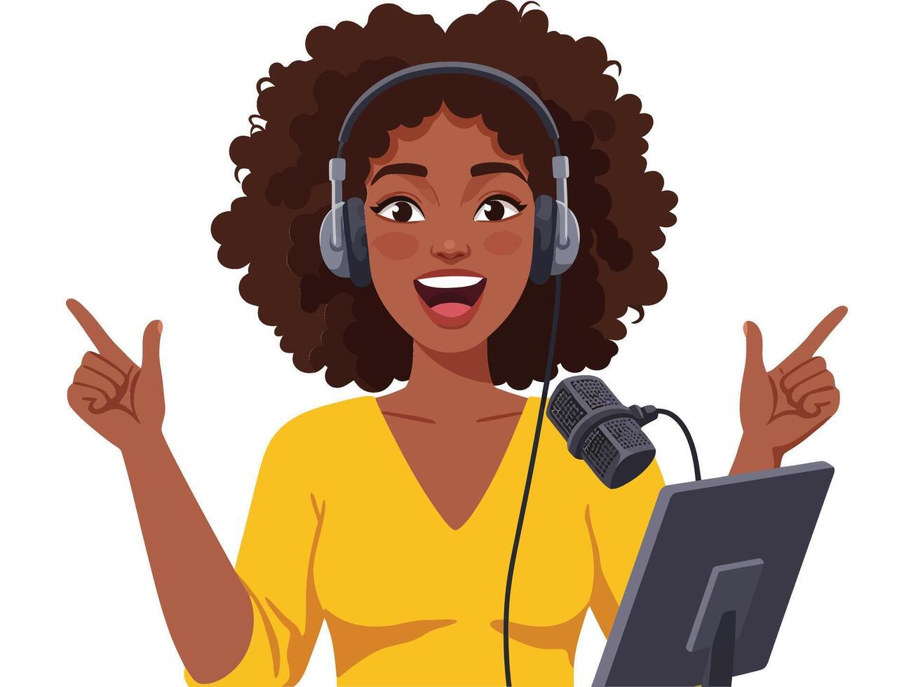 Young woman podcast host recording with microphone and headphones in bright yellow outfit cheerful expression vector