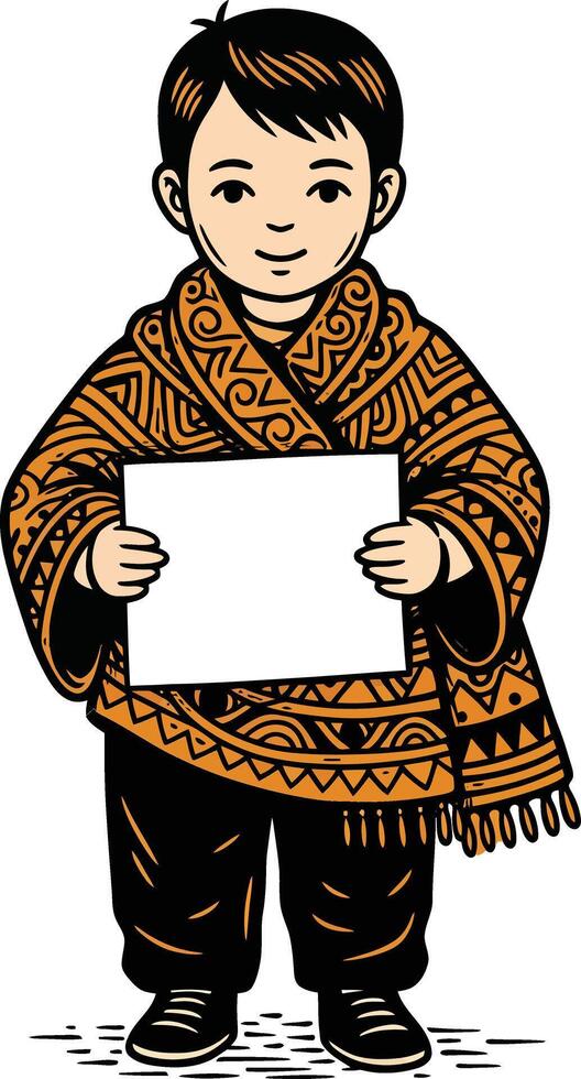 Young boy wearing traditional ethnic patterned brown and black shawl holding blank white sign standing front view vector