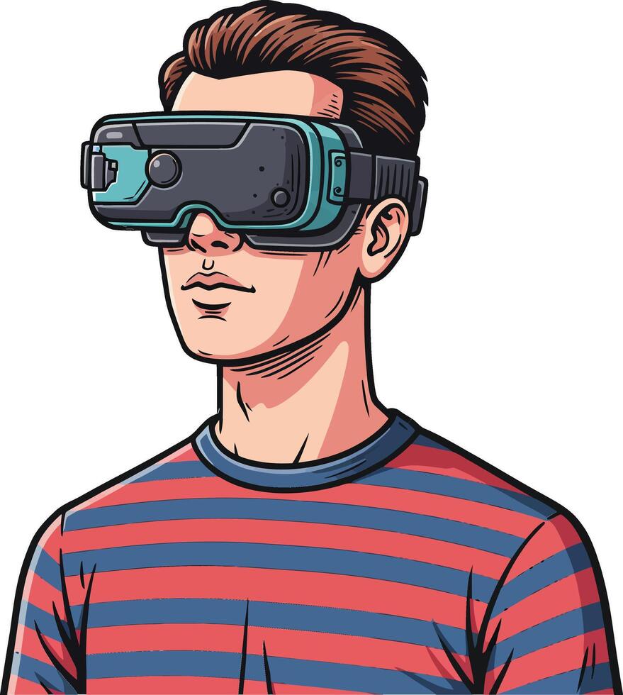 Young man wearing virtual reality headset exploring immersive technology in striped shirt digital illustration vector