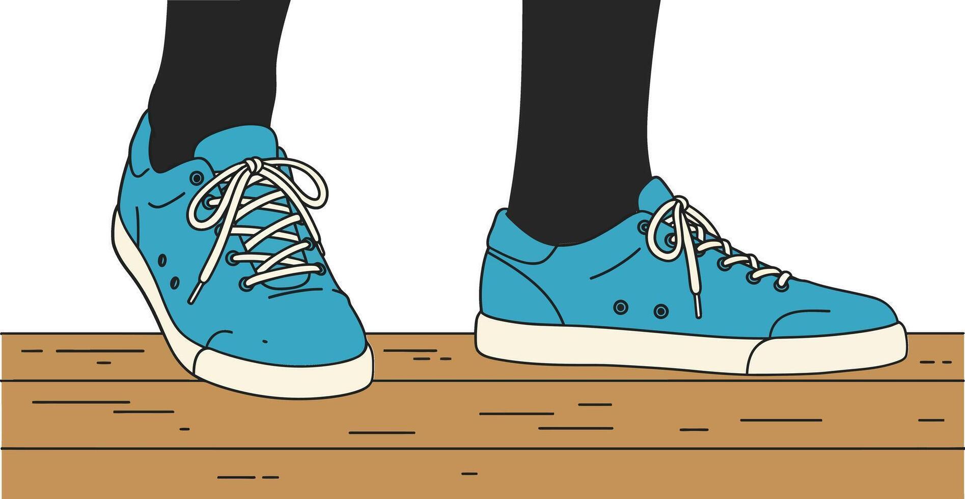 Blue sneakers on wooden beam with black socks walking balancing illustration vector