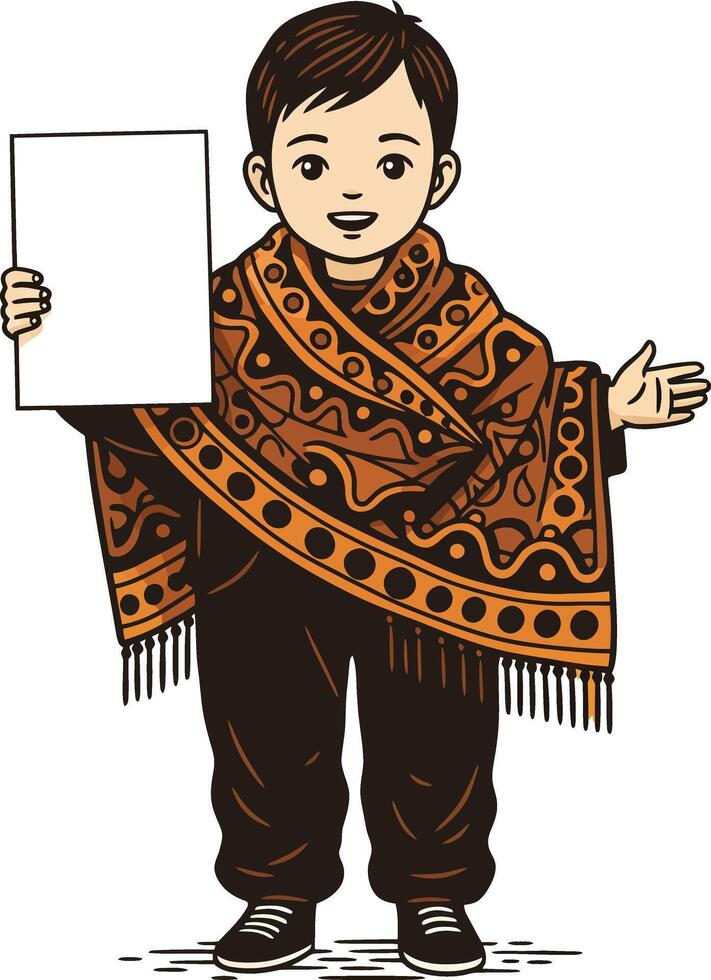 Child wearing traditional patterned orange and black shawl holding blank paper with welcoming gesture in simple illustration style vector