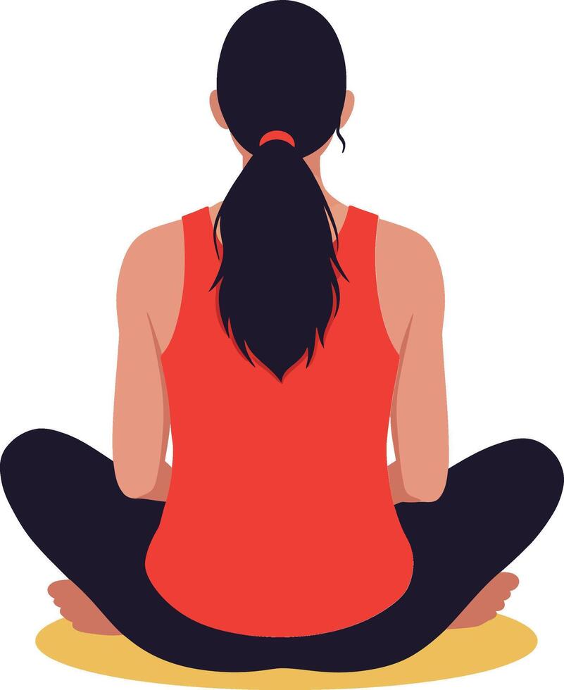 Woman with ponytail in red top practicing seated yoga meditation exercise indoors calm atmosphere vector