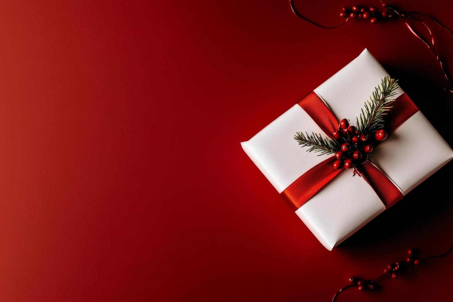 Holiday Present Wrapped in White Paper With Red Ribbon and Festive Greenery on a Red Background photo