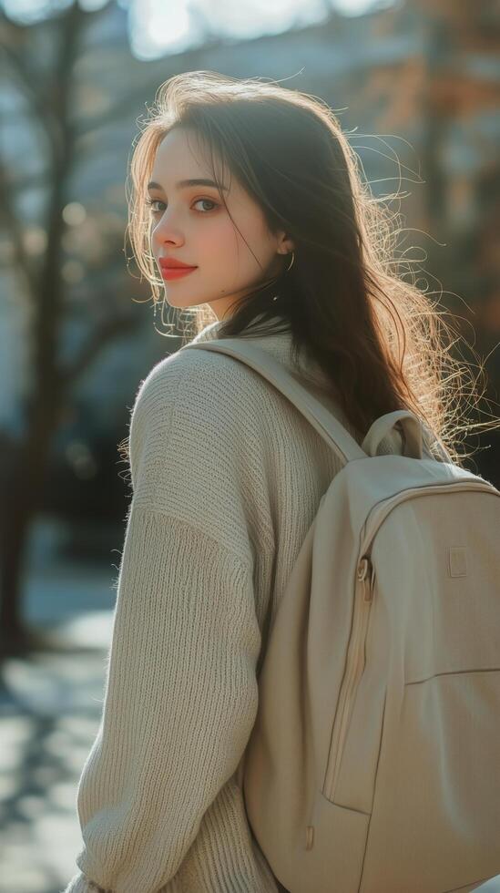 Young Woman With a Backpack Enjoys a Sunny Day in the Park During Autumn photo