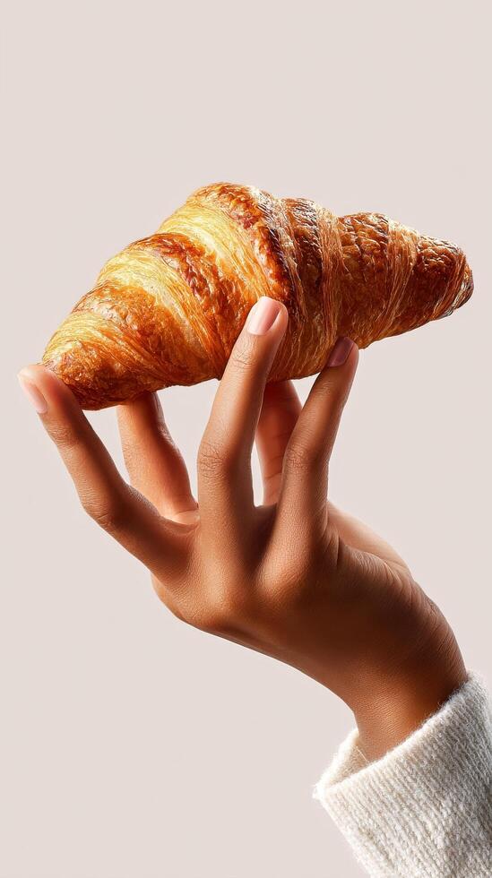 Delicious Croissant Held by a Hand Against a Simple Background in a Cozy Setting photo