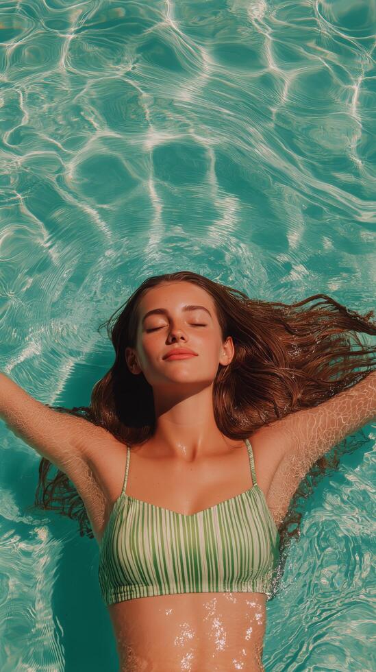 Woman Relaxing in Clear Blue Water of a Pool on a Sunny Day While Enjoying Peaceful Moments. photo
