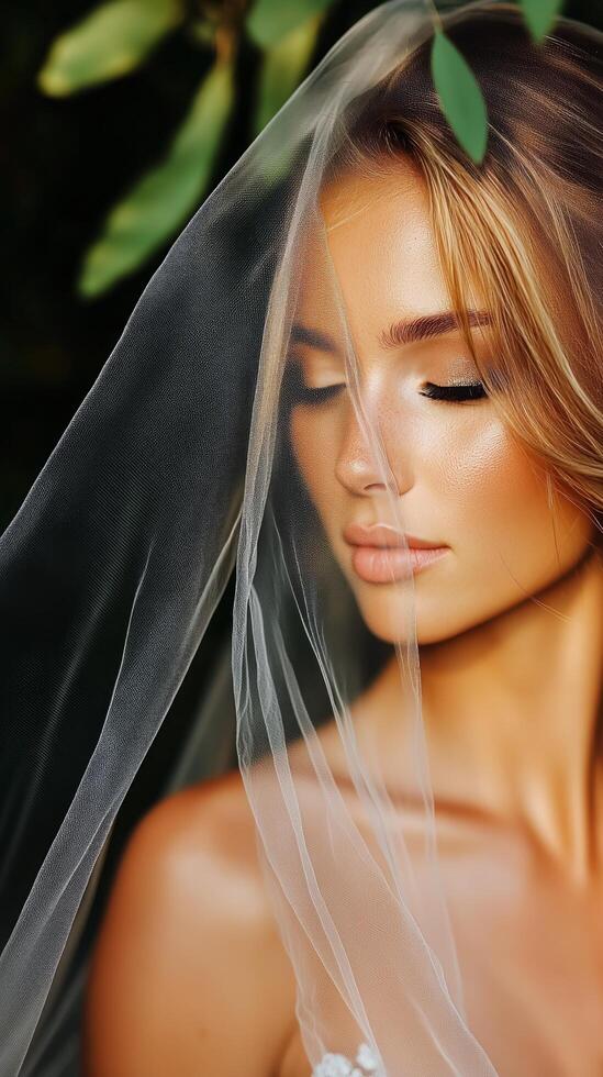 Model Poses With Sheer Fabric in a Lush Outdoor Setting During Golden Hour Light. photo