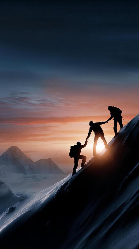 Friends Assisting Each Other While Climbing a Mountain During Sunset in a Breathtaking Landscape photo