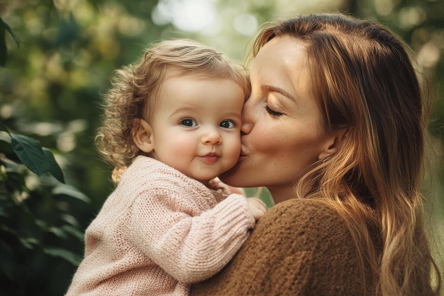 Mother and Baby Share a Sweet Moment Outdoors in a Lush Garden During Daylight Hours photo
