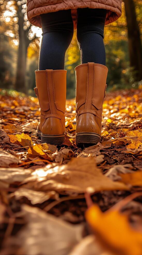 Autumn Walk Through Colorful Leaves Wearing Brown Boots in a Serene Forest photo
