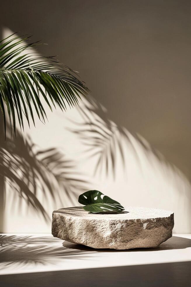 Decorative Stone Display With Palm Leaf Under Soft Lighting in a Modern Interior Setting photo