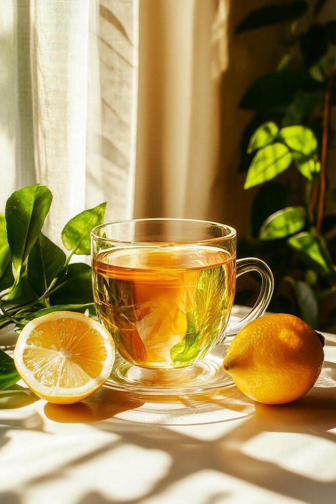 Refreshing Herbal Tea With Lemon Slices on a Tranquil Kitchen Table in the Afternoon Sunlight photo