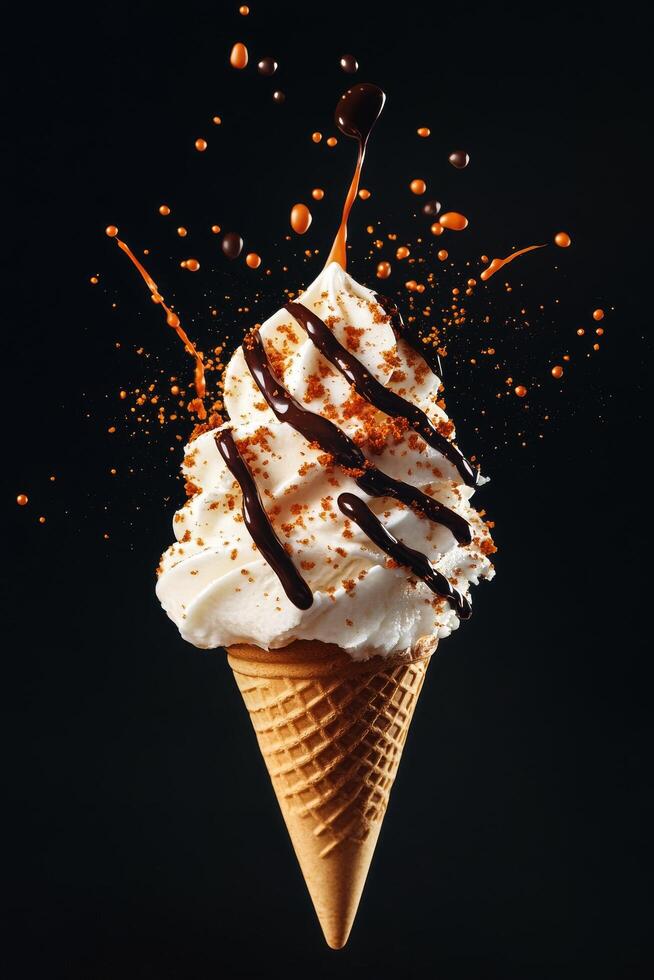 Delicious Ice Cream Cone With Chocolate Sauce and Sprinkle Splatter in a Dark Setting photo