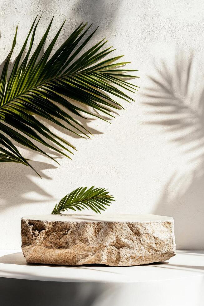 Decorative Stone Display With Palm Leaf Under Soft Lighting in a Modern Interior Setting. photo