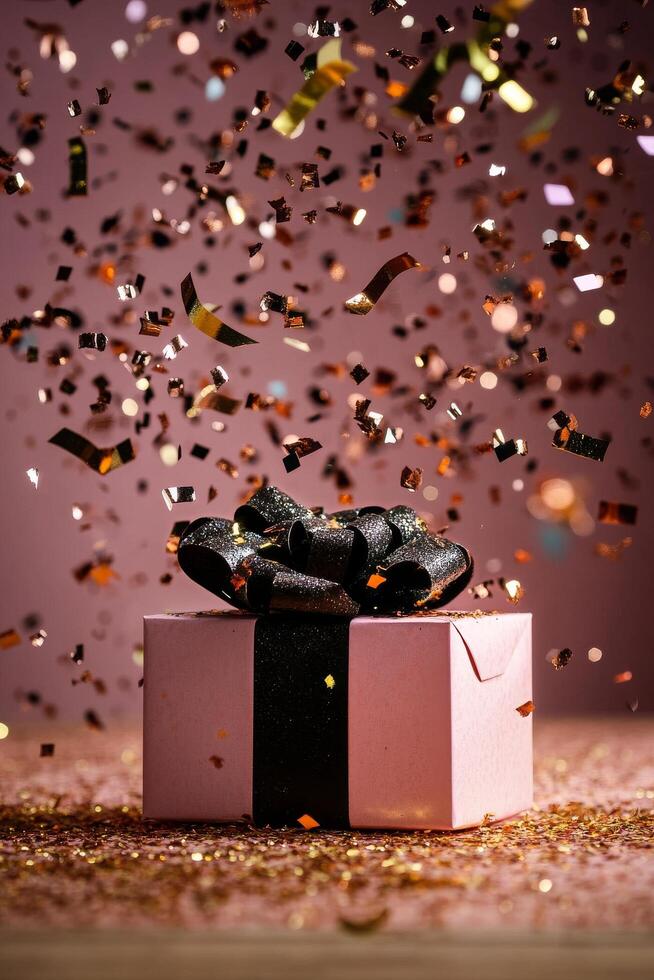 Colorful Confetti Falling Around a Pink Gift Box With a Black Ribbon on a Festive Background photo