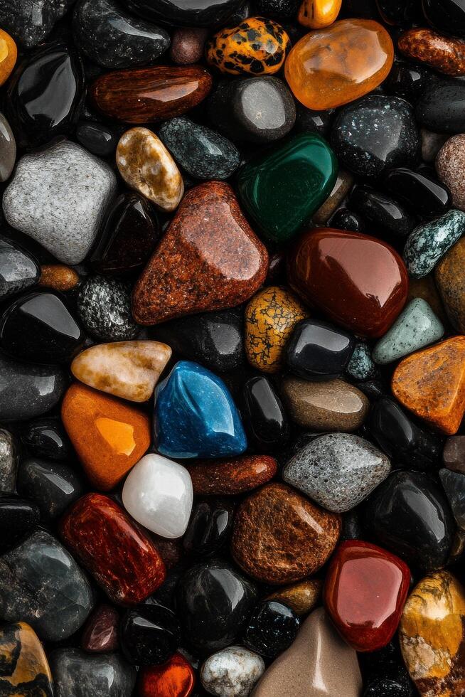 Colorful Collection of Polished Stones From a Riverbed Arranged Naturally on a Dark Surface photo