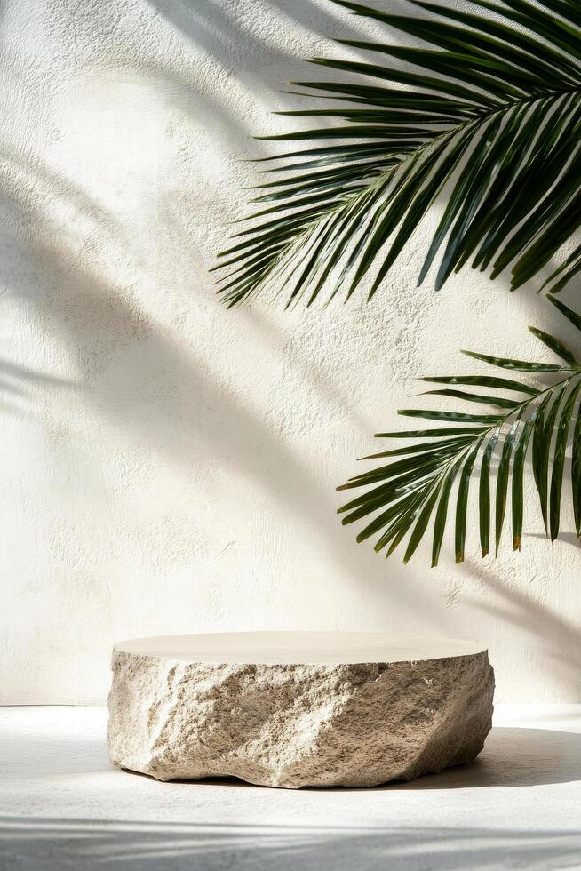 Natural Stone Table Framed by Palm Leaves Creating a Calming Atmosphere in a Serene Setting. photo