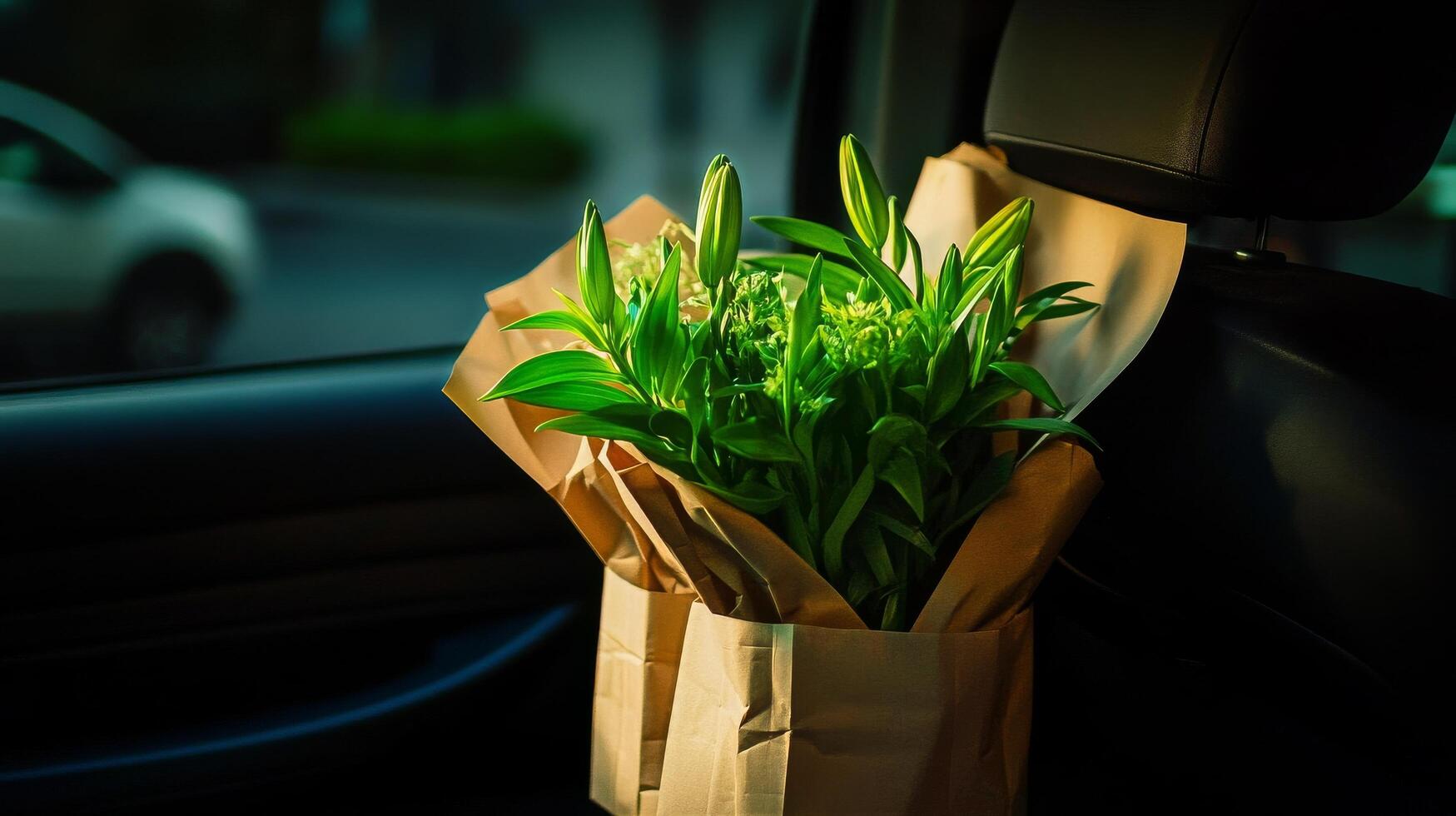 Fresh Green Plants in Paper Bags Ready for Home Delivery in Nighttime City Atmosphere. photo