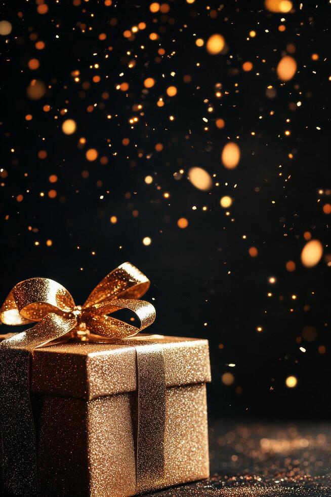 Festive Golden Gift Box Floating With Confetti and Streamers During a Celebratory Event in a Dark Setting. photo