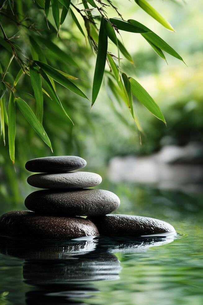 stacked stones in water with leaves photo