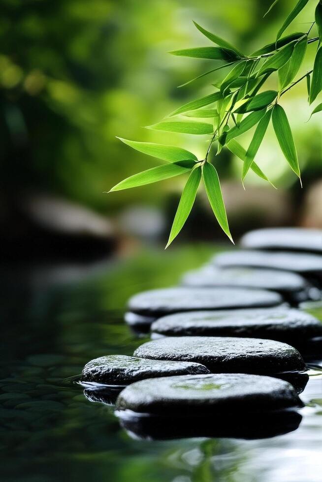 Serene Bamboo Leaves Framed by Stepping Stones Over Tranquil Water on a Calm Day. photo