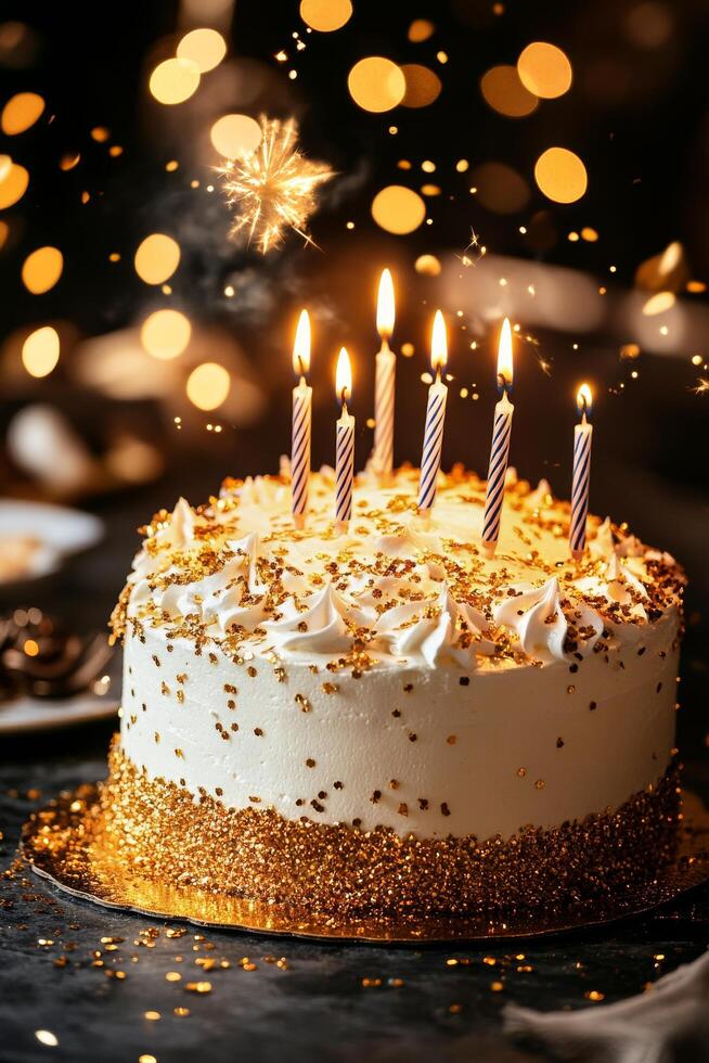 Birthday cake with candles and sparklers photo