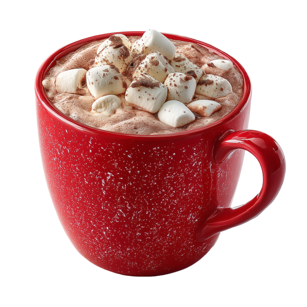 Red mug filled with hot chocolate and marshmallows winter holiday treat isolated on transprint background png