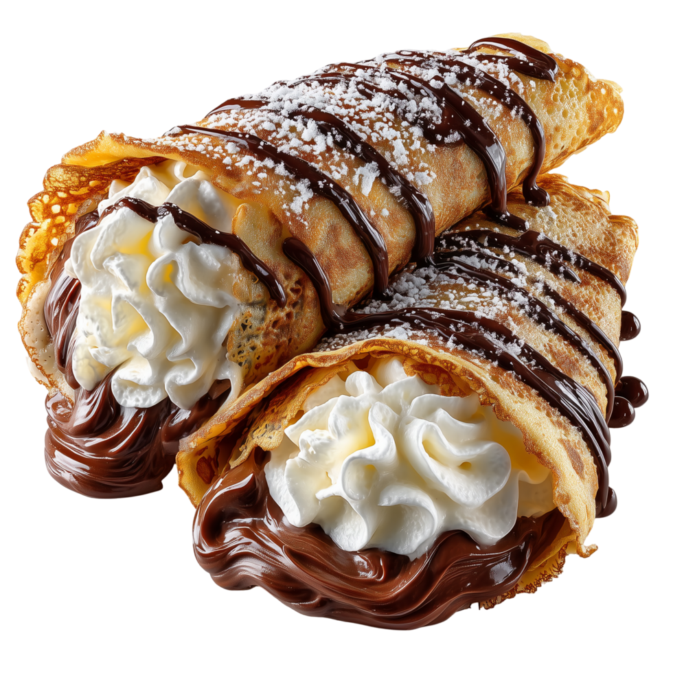 Delicious crepes with chocolate and whipped cream dessert presentation isolated on transprint background png