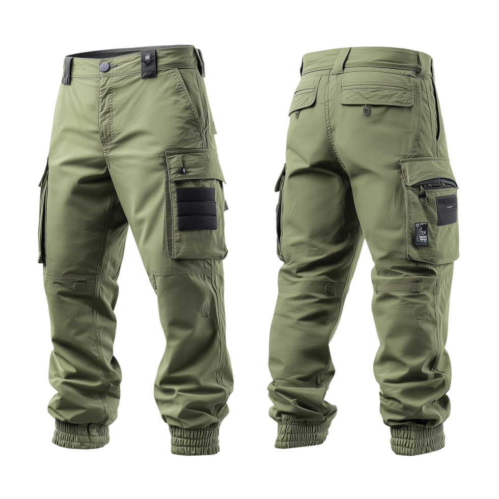 Olive green cargo pants for men casual outdoor wear fashion apparel isolated on transprint background png