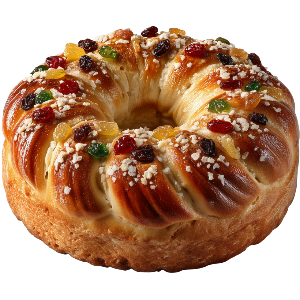 Delicious ring cake with candied fruit and sugar for holiday celebration isolated on transprint background png