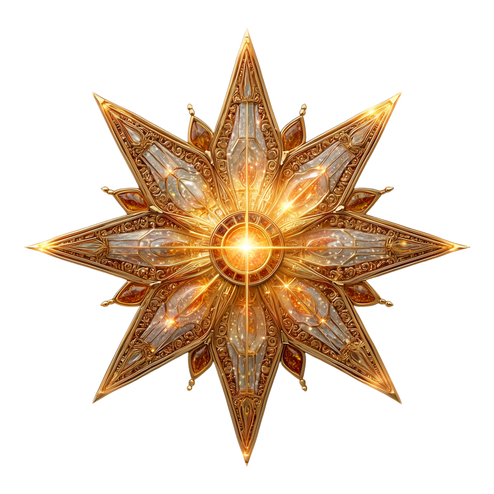 Golden starburst ornament with intricate details for festive designs isolated on transprint background png