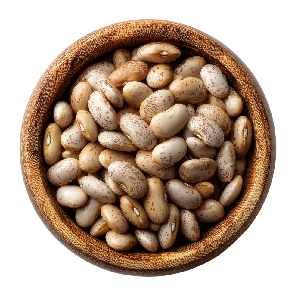 Pinto beans in wooden bowl close up for food and healthy eating concept isolated on transprint background png
