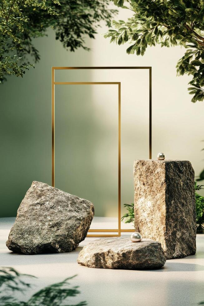 Modern Outdoor Sculpture Arrangement With Natural Stones and a Golden Frame photo
