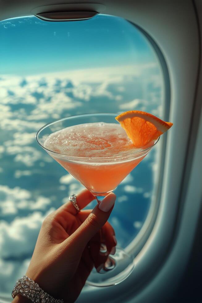 Enjoying a Refreshing Cocktail While Flying High Above the Clouds on a Sunny Day photo