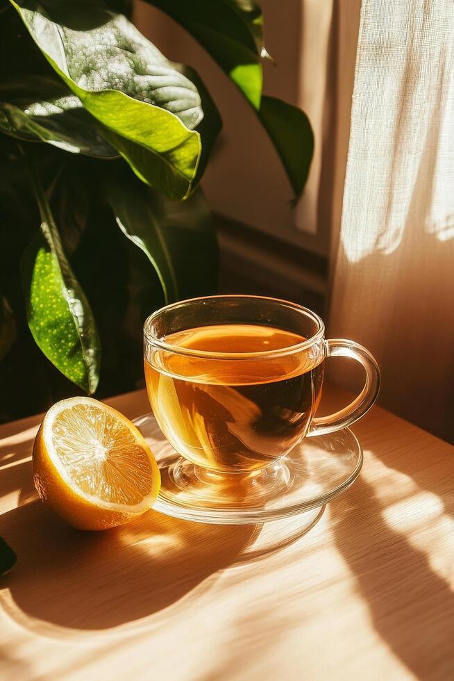 Refreshing Herbal Tea With Lemon Slices on a Tranquil Kitchen Table in the Afternoon Sunlight. photo