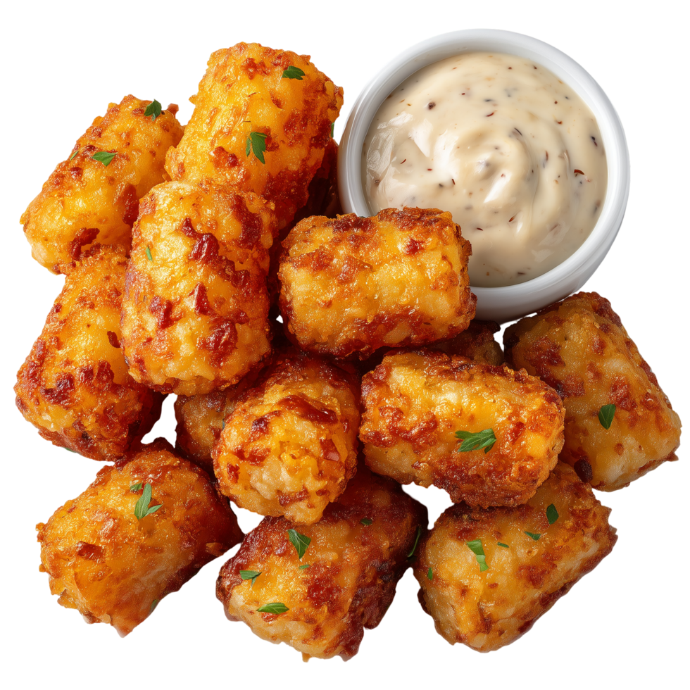 Delicious golden fried tater tots with creamy dipping sauce appetizer isolated on transprint background png