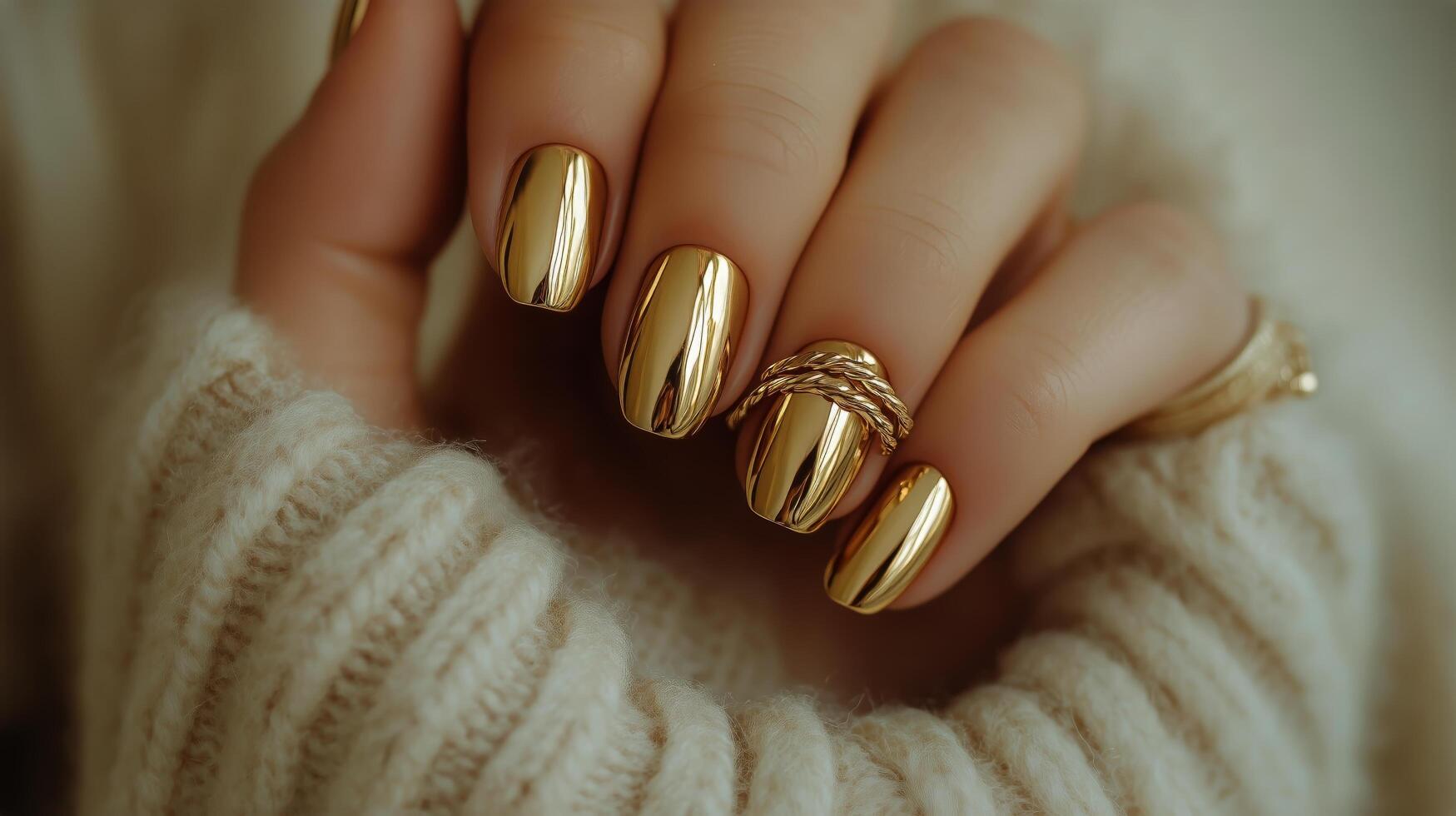 Stunning Gold Reflective Nail Art Showcased on a Hand Adorned With Elegant Rings photo