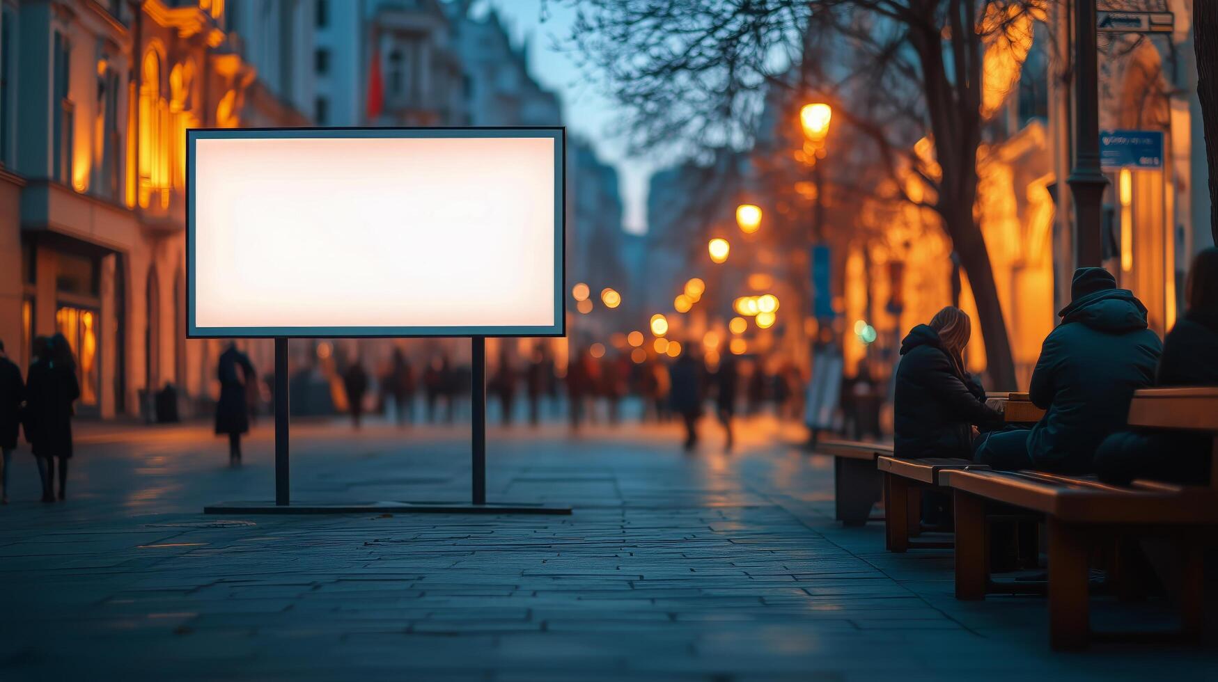 Bright Billboard Stands in a Bustling Urban Street at Dusk With Pedestrians Enjoying the Evening Air photo