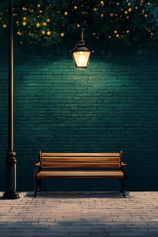 Warm Golden Light Illuminates a Wooden Bench Beside a Green Brick Wall in a Serene Outdoor Setting. photo