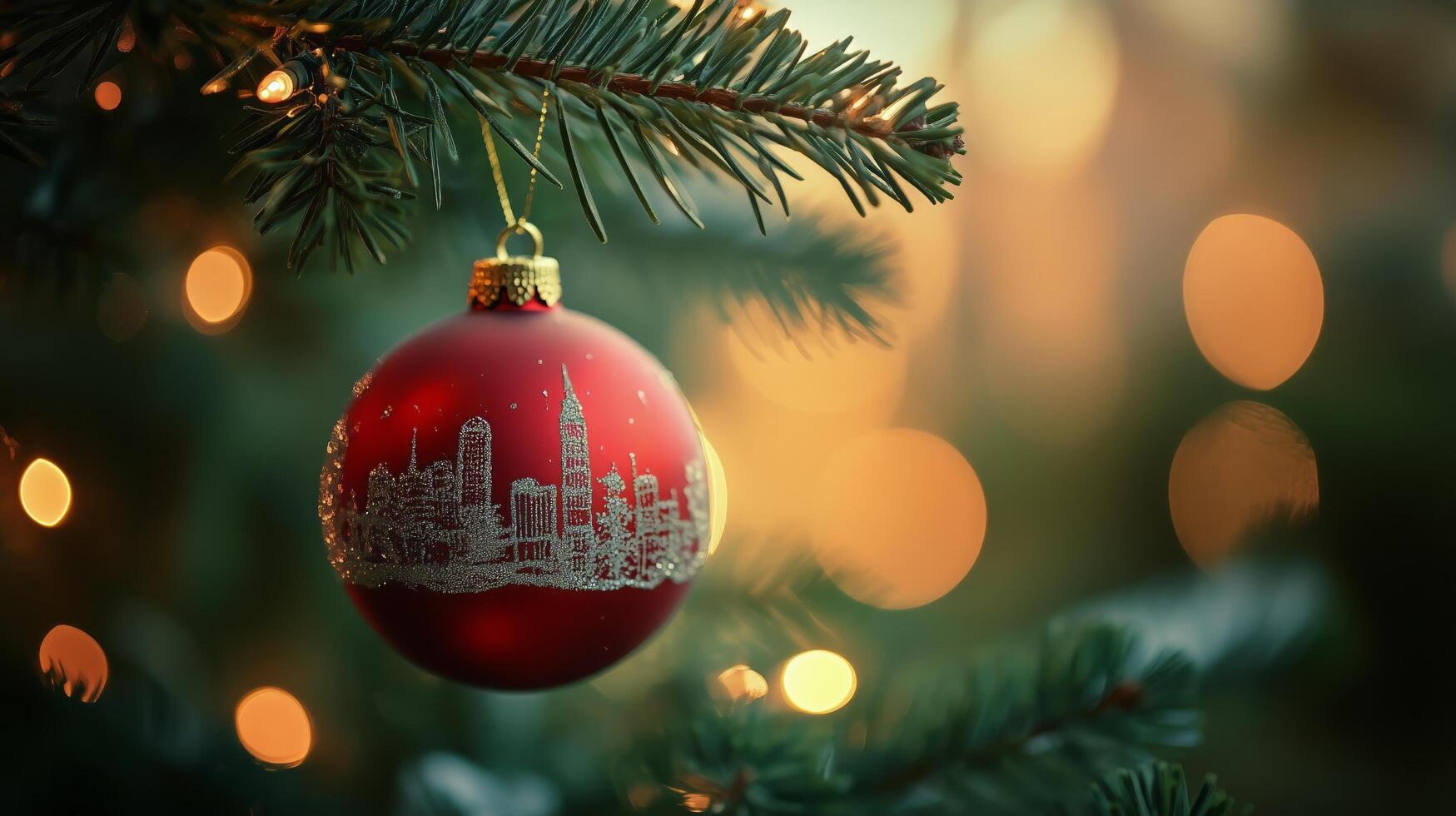 Red Ornament Hanging on Christmas Tree With City Skyline Design and Soft Golden Lights in Background photo