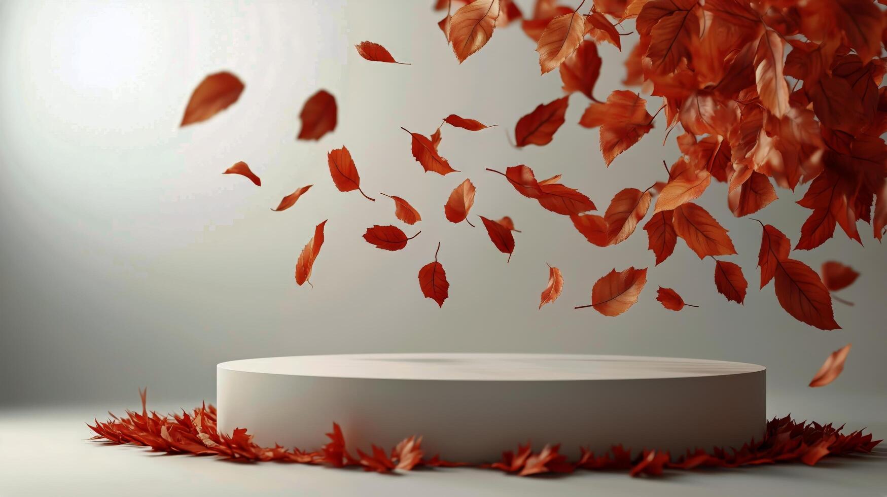 Leaves Swirl Around a Circular Platform in a Serene Autumn Setting photo