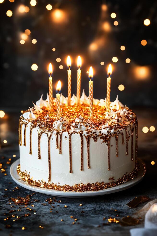Celebratory Cake With Candles and Sparkling Decorations for Festive Occasions. photo