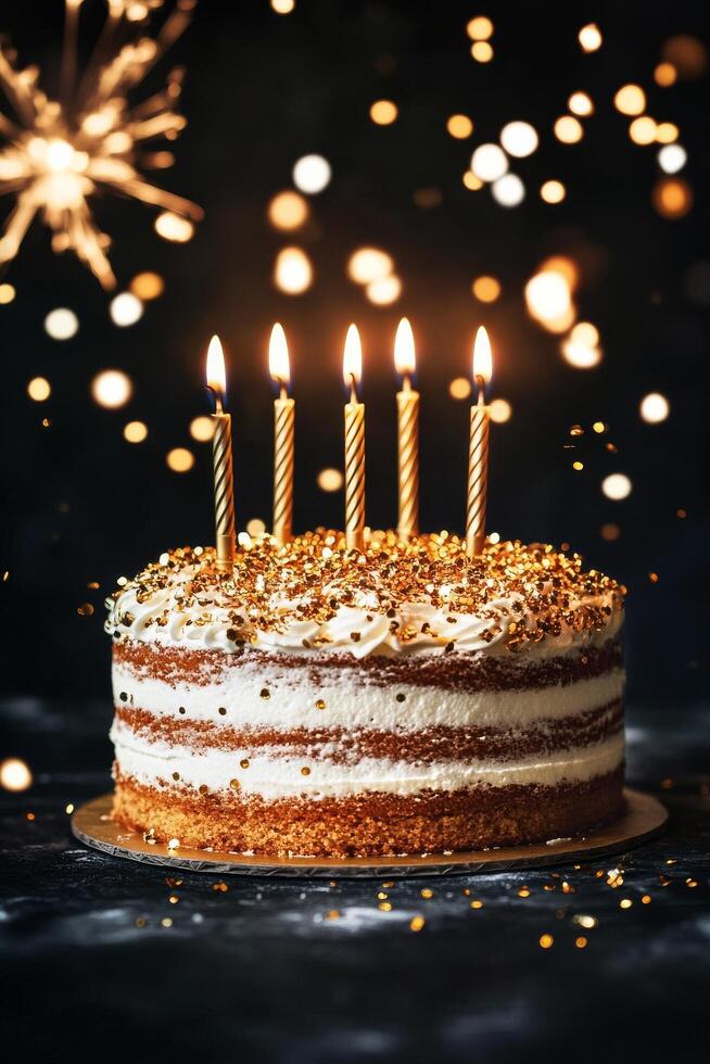 Birthday cake with candles and sparkles photo