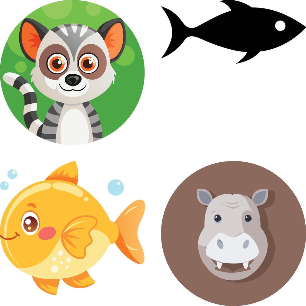 Animal icons set, including a fish, a hippo, and a zebra vector
