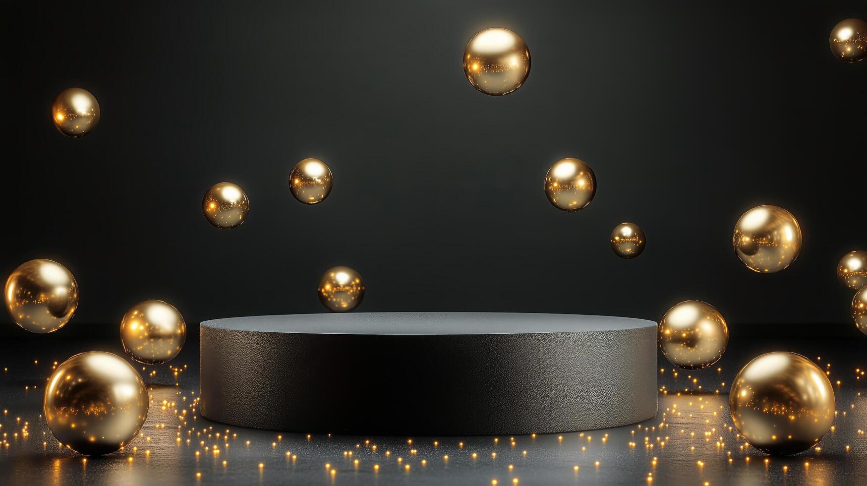 Floating Gold Spheres Surround a Dark Pedestal in a Modern Display Setting During Evening Lighting photo