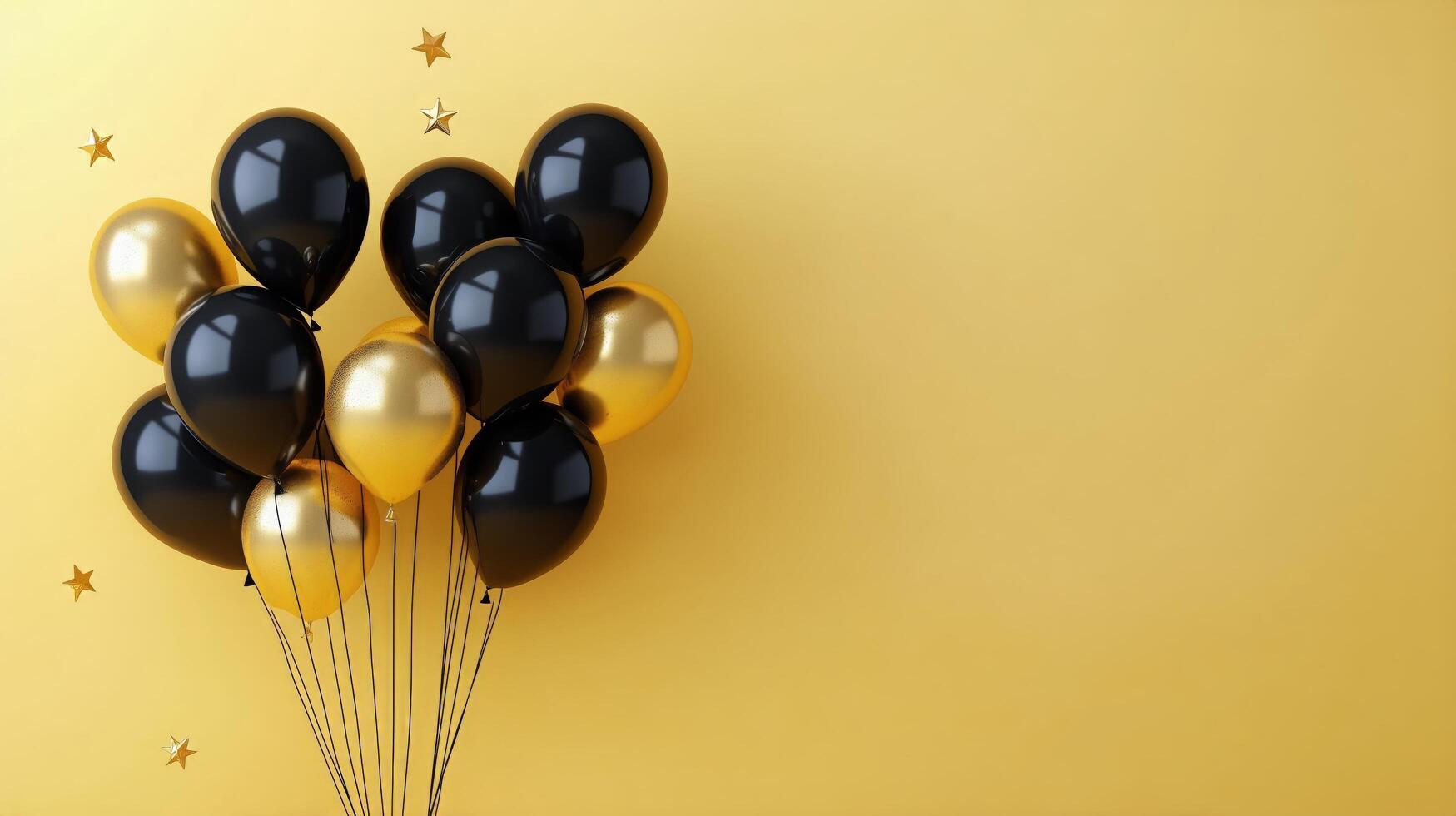 Colorful Black and Gold Balloons Against a Bright Yellow Backdrop for Celebration or Party Decoration photo