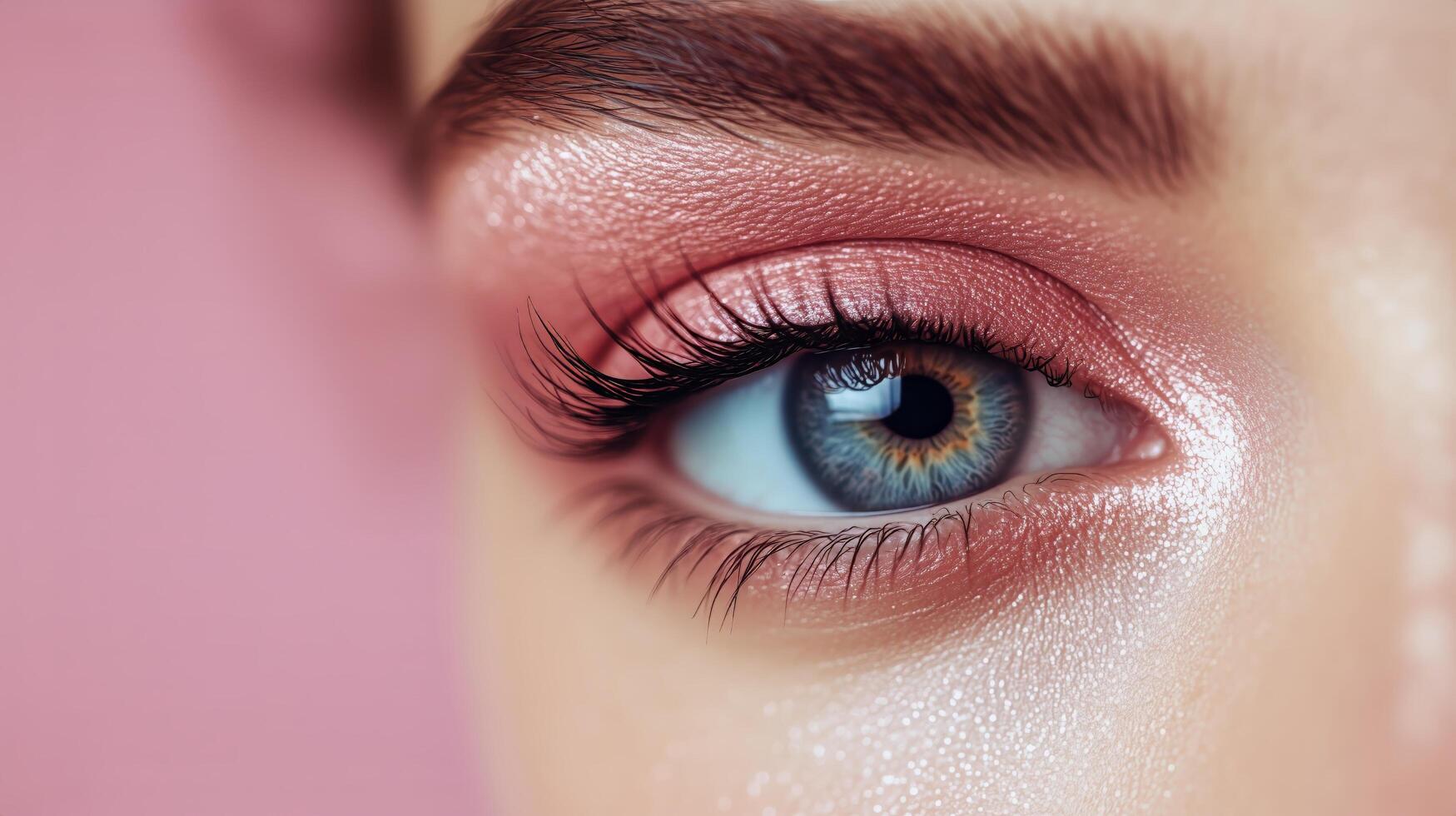 Close up of a Beautifully Styled Eye With Soft Pink Makeup on a Model Against a Light Pink Background photo
