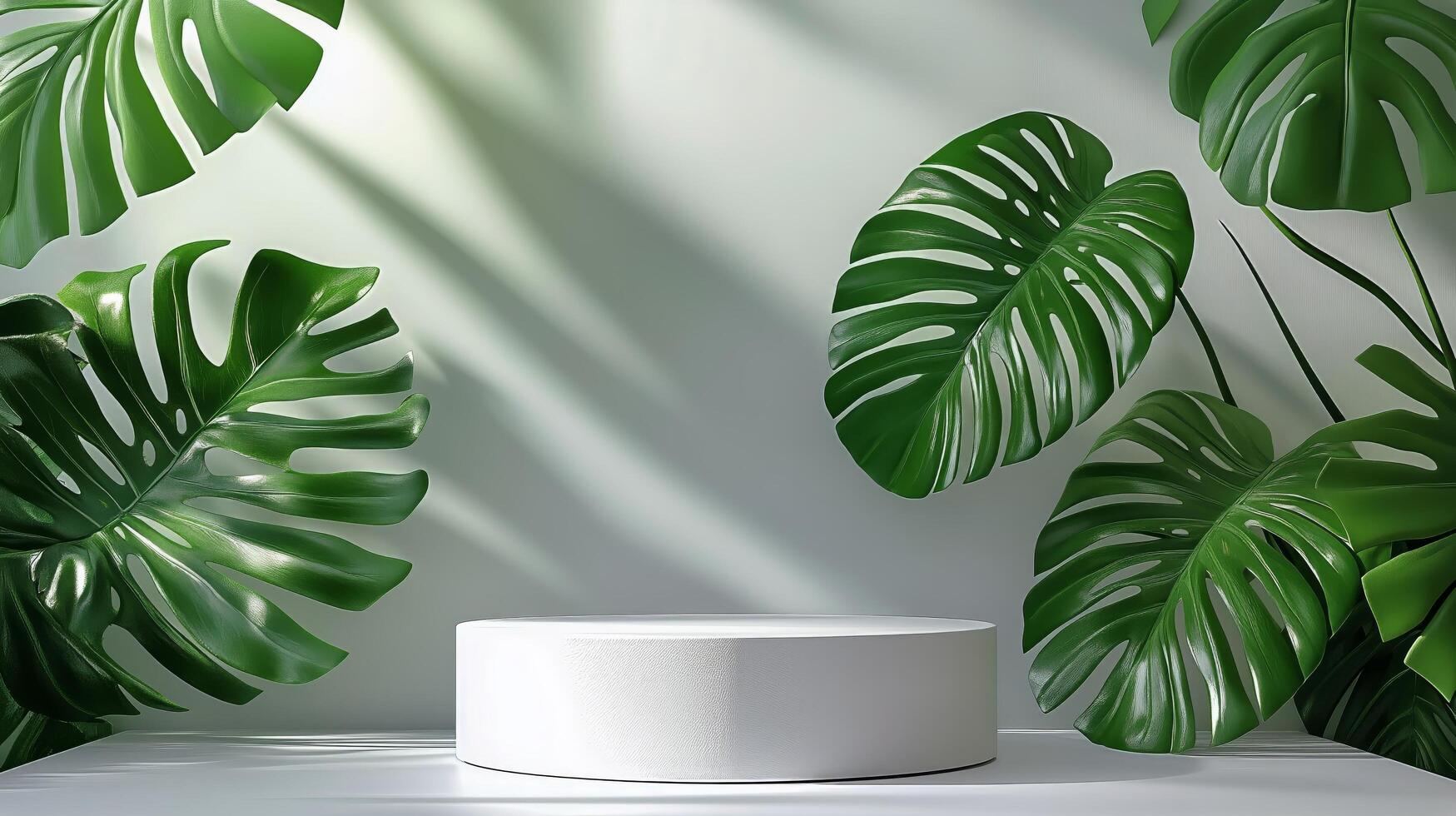 Display Platform Surrounded by Lush Green Plants in a Well-Lit Indoor Setting photo