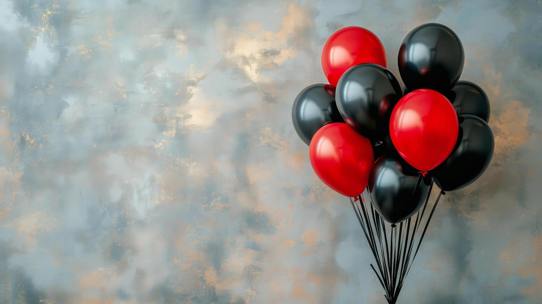 Colorful Balloons in Red and Black Tied Together Against a Textured Backdrop in a Festive Atmosphere photo