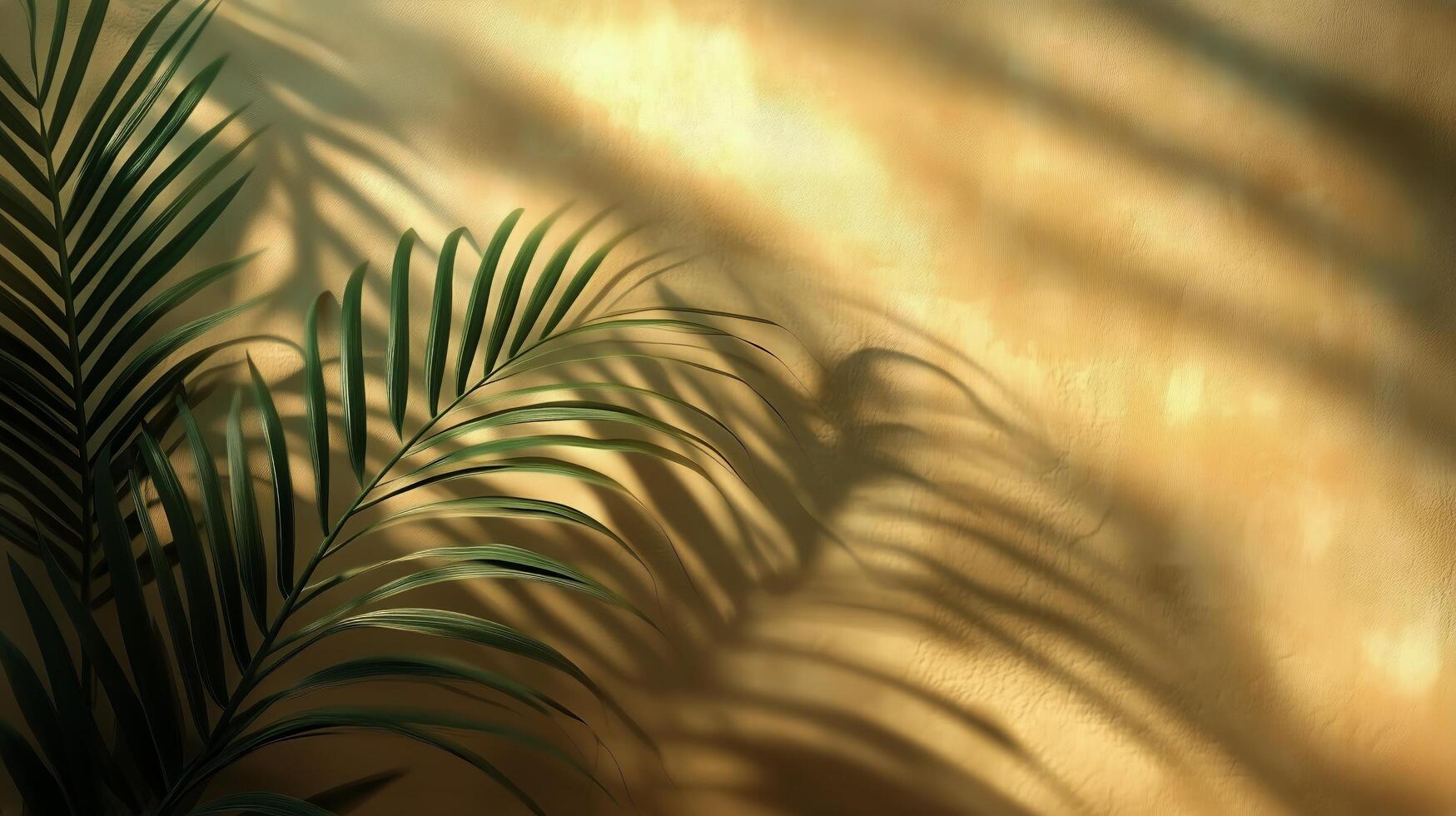 Shadows of Green Leaves Cast on a Warm Golden Wall During Afternoon Light in a Cozy Indoor Space photo